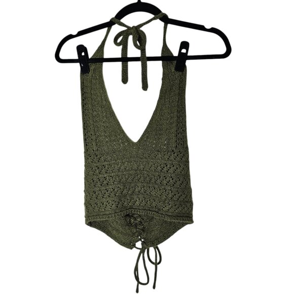 Festival M Green Crochet Top Halter Boho Wool Mohair Forest Fairy Whimsigoth - Picture 1 of 5